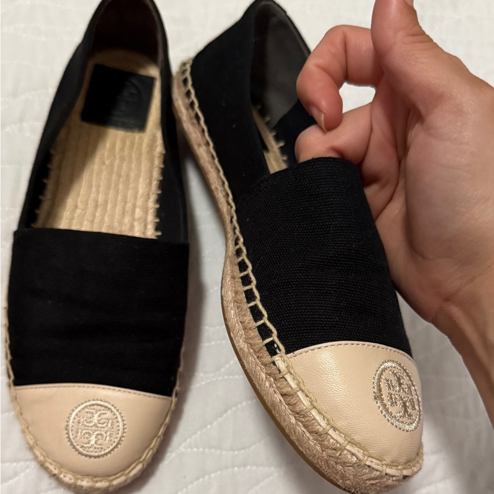 Tory Burch Black and Dulce De Leche Espadrille Flats